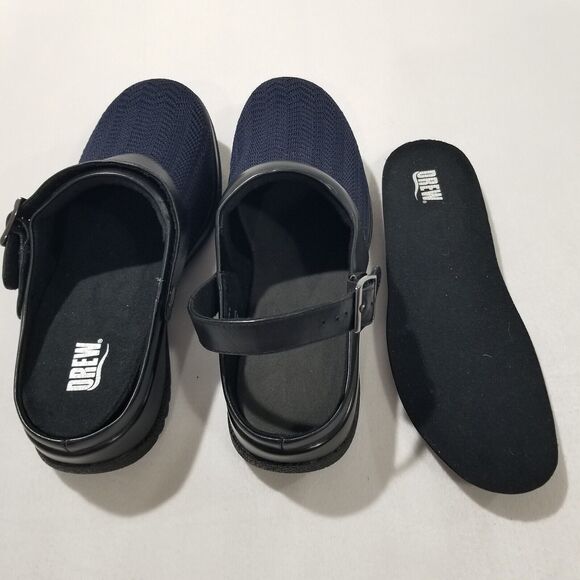 Drew Clogs 7.5 Savannah Black Shoes Womens Ankle Strap Navy Wavy Stretch NEW - Picture 5 of 7